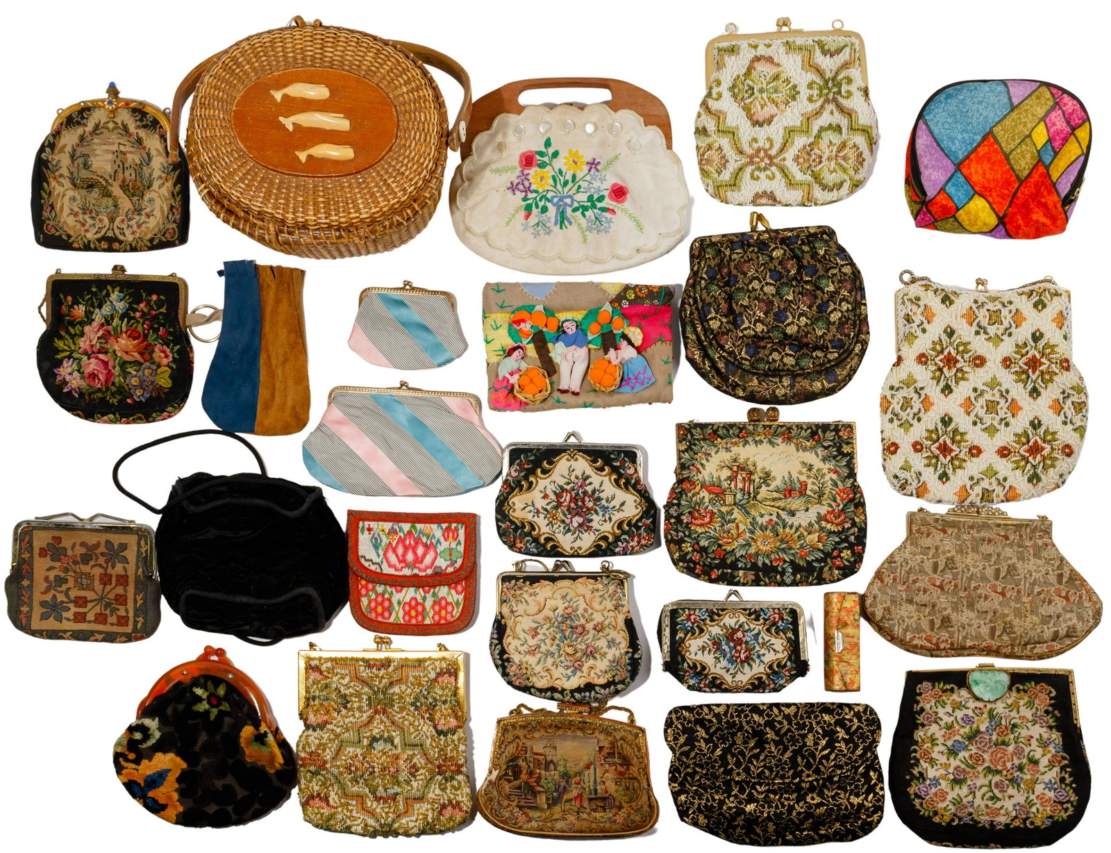 Handbag Assortment: Handbag Assortment (38) items including designers Walborg, Marco Avane, Jemco (Art Nouveau leather), Doodle bags, Ingber, Levin (bakelite trim), Ernest and DeLill; most items fabric tapestry style, so