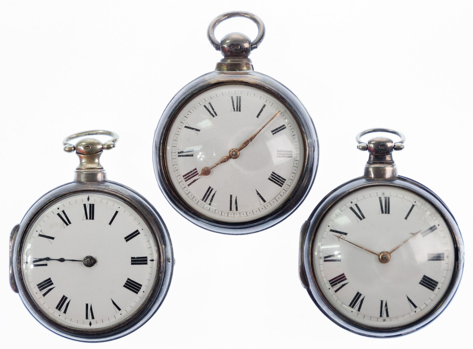 English Silver Pair Case Pocket Watches: English Silver Pair Case Pocket Watches (3) key wind manual set watches having white face and black Roman numerals; including Thomas Cashen Tottenham #1455 having copper hands and bullseye crystal; an