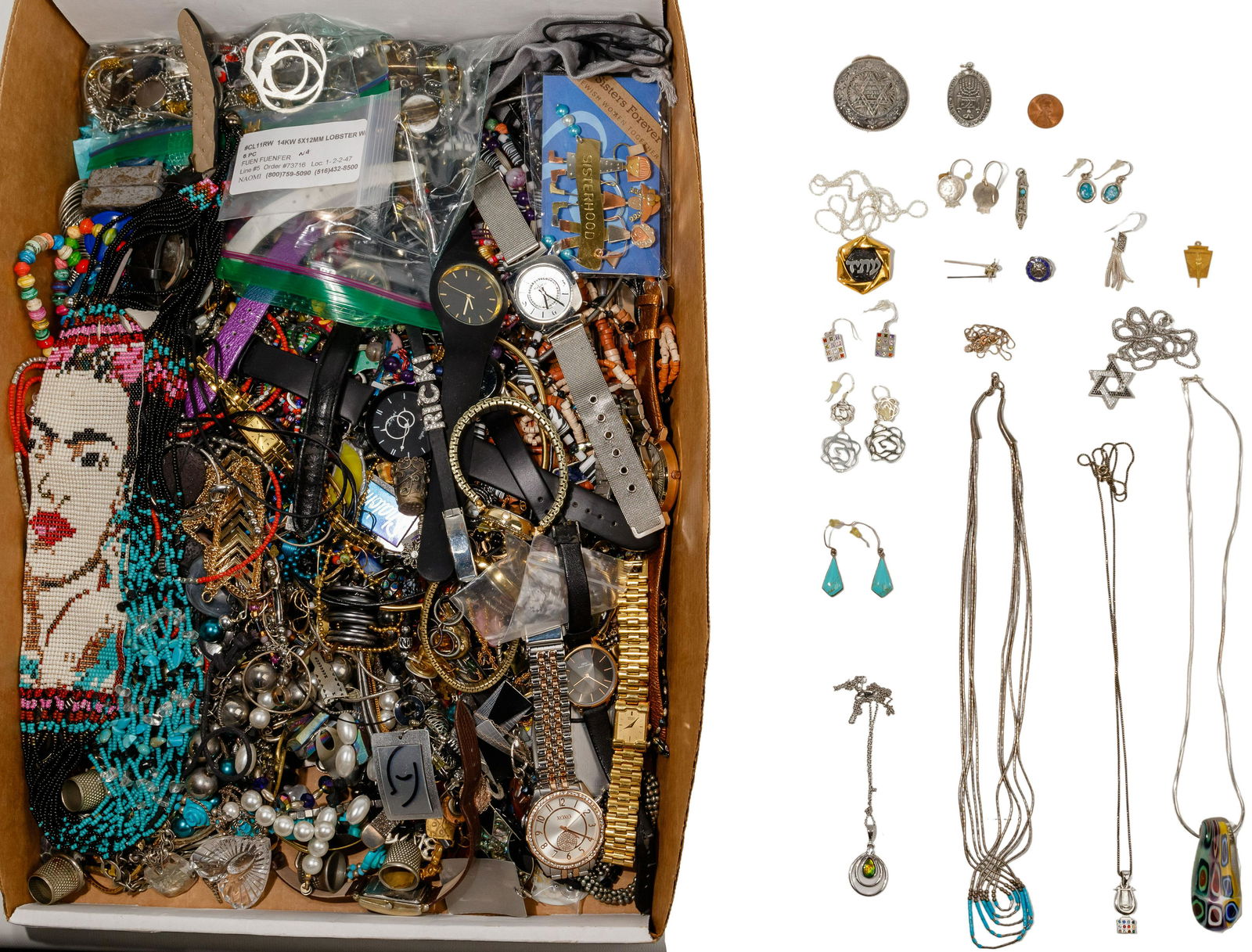 10k Gold, Sterling Silver and Costume Jewelry and Wrist: 10k Gold, Sterling Silver and Costume Jewelry and Wrist Watch Assortment Including a pin marked '10k'; earrings, necklaces pins all marked 'sterling' or 925'; and approximately (14) pounds of jewelry