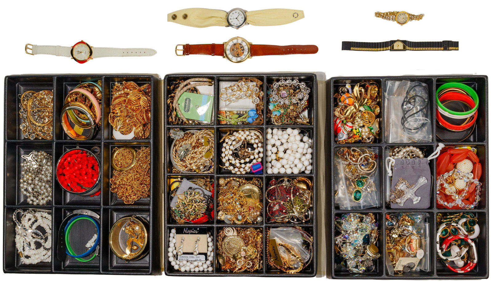 Costume Jewelry Assortment: Costume Jewelry Assortment Approximately (12) pounds featuring Waterford teardrop and cross necklaces; including necklaces, pendants, bracelets, bangles, watches, earrings, chokers, rings, and jewelry