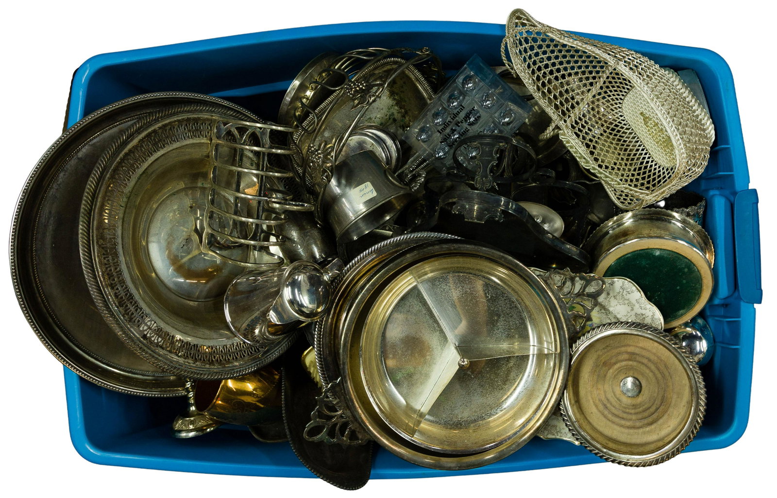 Silverplate Hollowware Assortment: Silverplate Hollowware Assortment Including platters, serving pieces, bowls, carafes, baskets, trinket boxes, wine holders, salt and pepper shakers and display items Height: 18 inches, Width: 32 inche