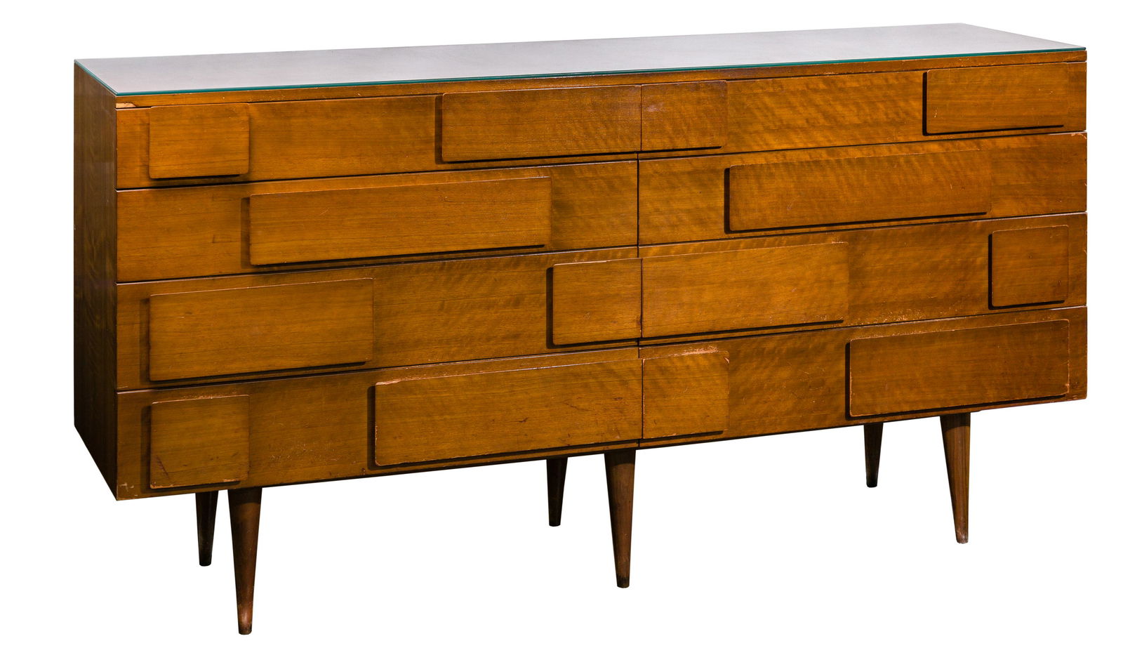 Gio Ponti for Singer & Sons Double Dresser: Gio Ponti for Singer & Sons Double Dresser Having (8) drawers over (6) conical feet, modernist raised block drawer front design that also serves as drawer pulls; with glass top; M. Singer and Sons lab