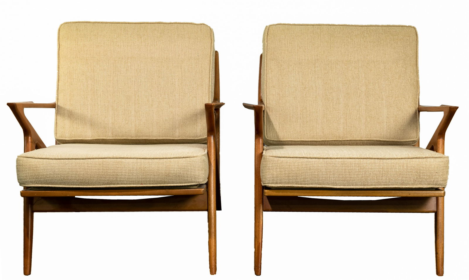 (Attributed to) Poul Jensen for Selig 'Z' Chairs: (Attributed to) Poul Jensen for Selig 'Z' Chairs c.1960, teak wood frames, each having woven seat and (2) beige fabric upholstered cushions Property from: a Chicago, Illinois (Lakeview) estate Height: