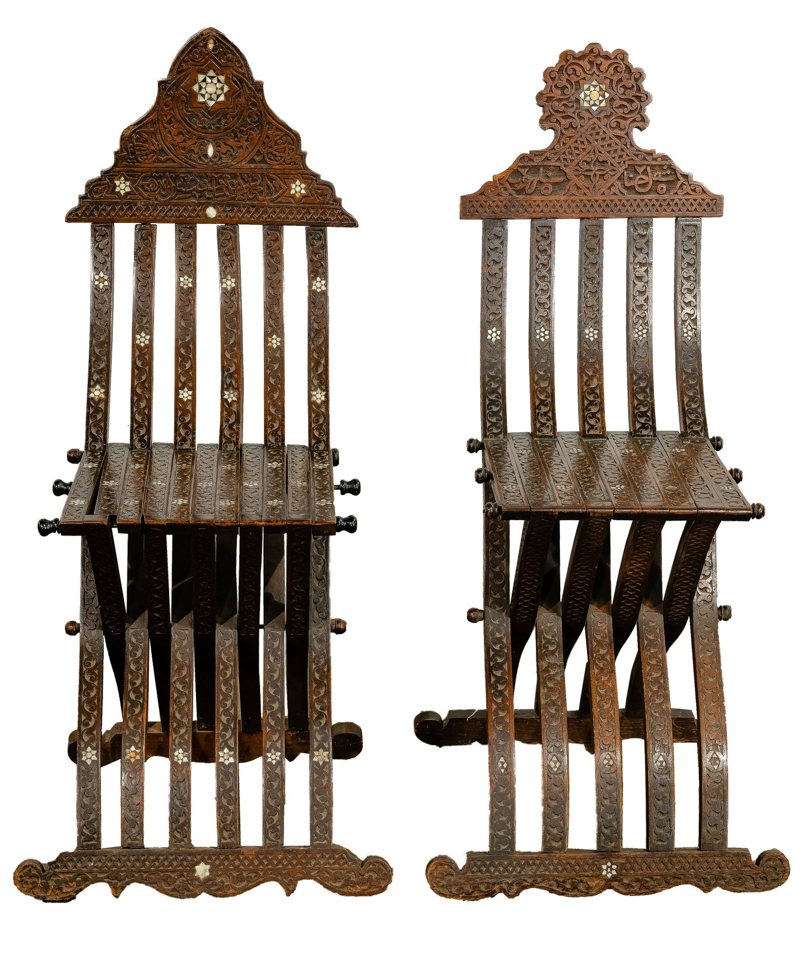 Syrian Scribe Mahogany and Mother of Pearl Inlaid: Syrian Scribe Mahogany and Mother of Pearl Inlaid Chairs (2) folding chairs, each composed of mahogany wood slats inlaid throughout with mother of pearl medallions, each back splat having geometric an