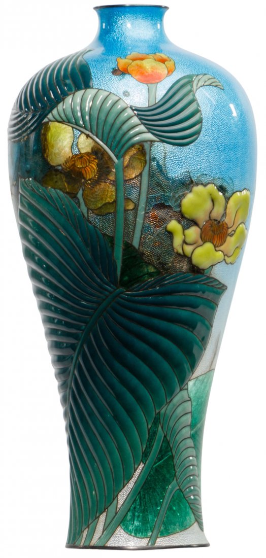 Japanese Ginbari Musen Silver and Cloisonne Vase: Japanese Ginbari Musen Silver and Cloisonne Vase Meiji plum vase having flower and leaf decoration in relief consisting of convexly overfilled cloisons or cells; the 'musen' wireless enamel over ginba