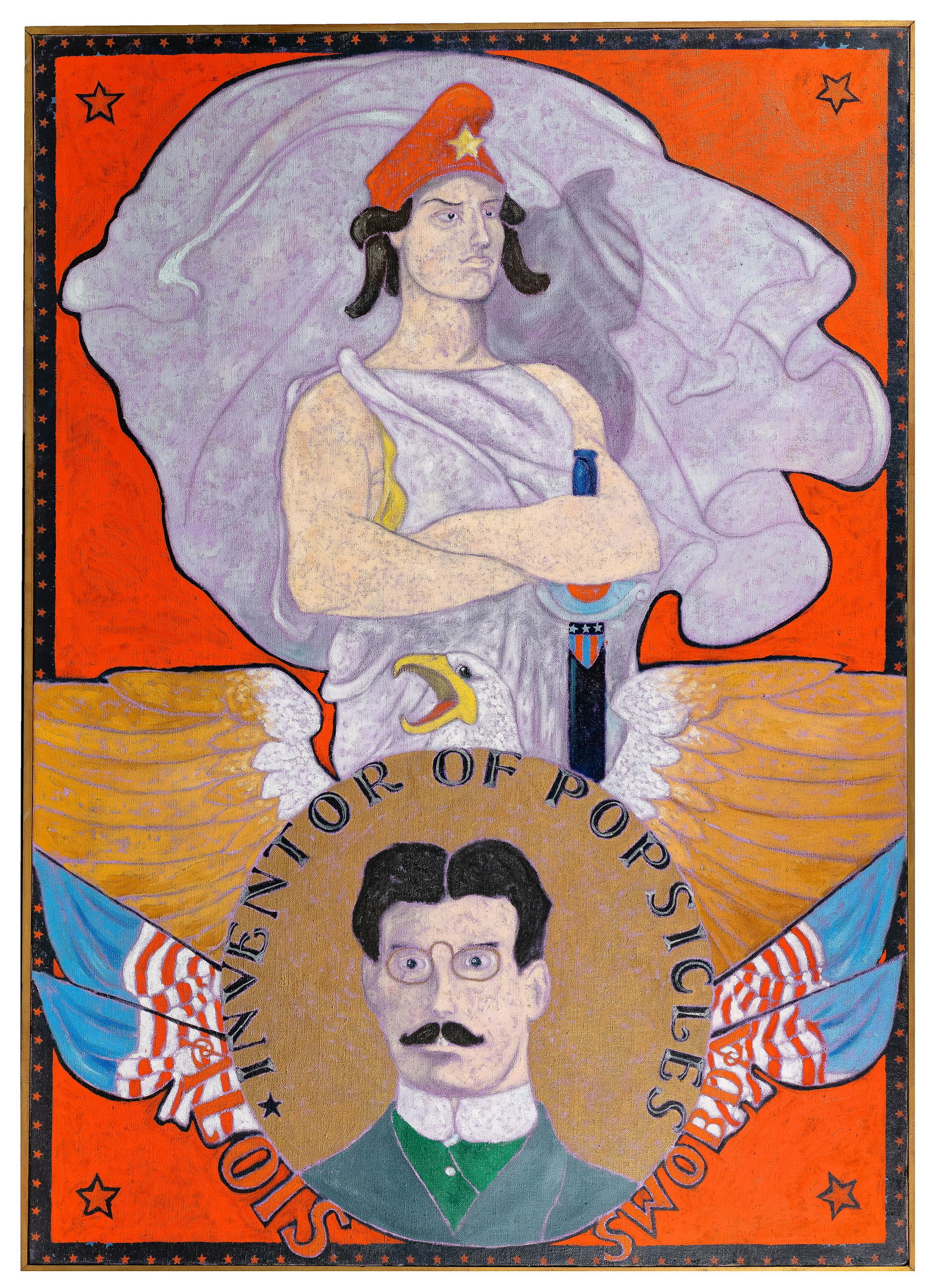 Samuel Parker (20th Century) 'Inventor of the Popsicle': Samuel Parker (20th Century) 'Inventor of the Popsicle' Oil on Canvas c.1967, unsigned, depicting a medallion portrait of inventor Frank Epperson, a standing figure behind, in a wood frame, unfinished