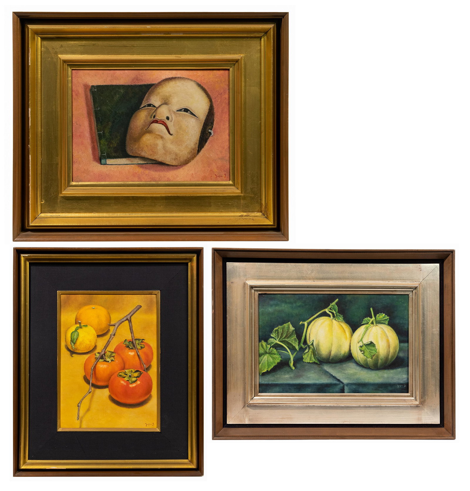 Junjiro Jikuhara (Japanese, 20th Century) Oils on: Junjiro Jikuhara (Japanese, 20th Century) Oils on Canvas (3) still life compositions, including a depiction of persimmons, 1961; melons, 1961; and a mask and book, 1965; each signed lower right and da