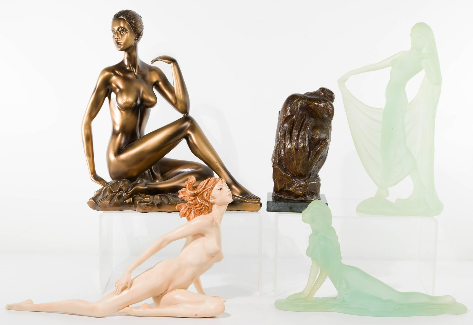 Victor Salmones (Mexican, 1937-1989) Brutalist Bronze: Victor Salmones (Mexican, 1937-1989) Brutalist Bronze Sculpture Undated, signed lower right and 7/11 on backside, depicting a hand on a nude breast, mounted on a stone plinth; together with (2) Mirage