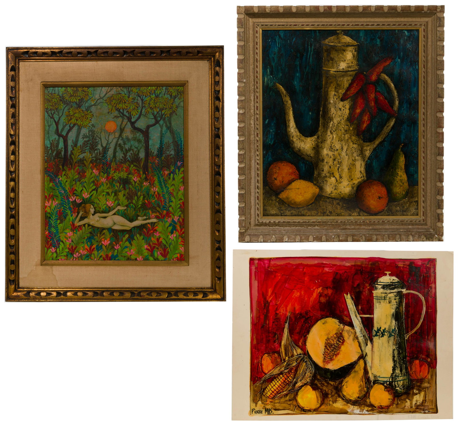 Mid-Century Painting Assortment: Mid-Century Painting Assortment (3) items, including D. Chaponi oil on canvas, signed lower right, depicting a reclining female nude in a verdant landscape; J. Marque oil on paper, signed lower right,