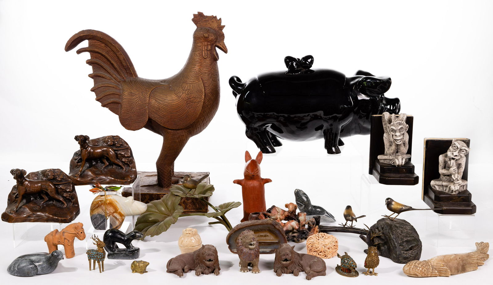 Animal Figurine Assortment: Animal Figurine Assortment (23) items including a reproduction of a Benin rooster by Austin Productions; pair of Jennings Brothers pointer dog bookends signed 'JB 1601' on back; folk art carved bunny;