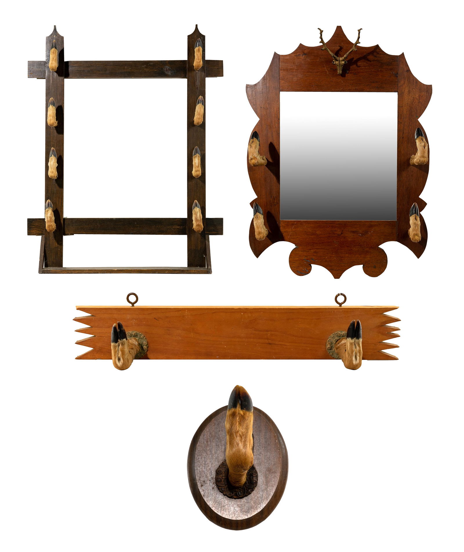 Deer Hoof Hook Assortment: Deer Hoof Hook Assortment (4) items including an oak and beveled mirror having (4) hoofs; hanging coat rack having a brass deer head, (8) hoofs and shelf; a gun rack having (2) hoofs; and a single hoo