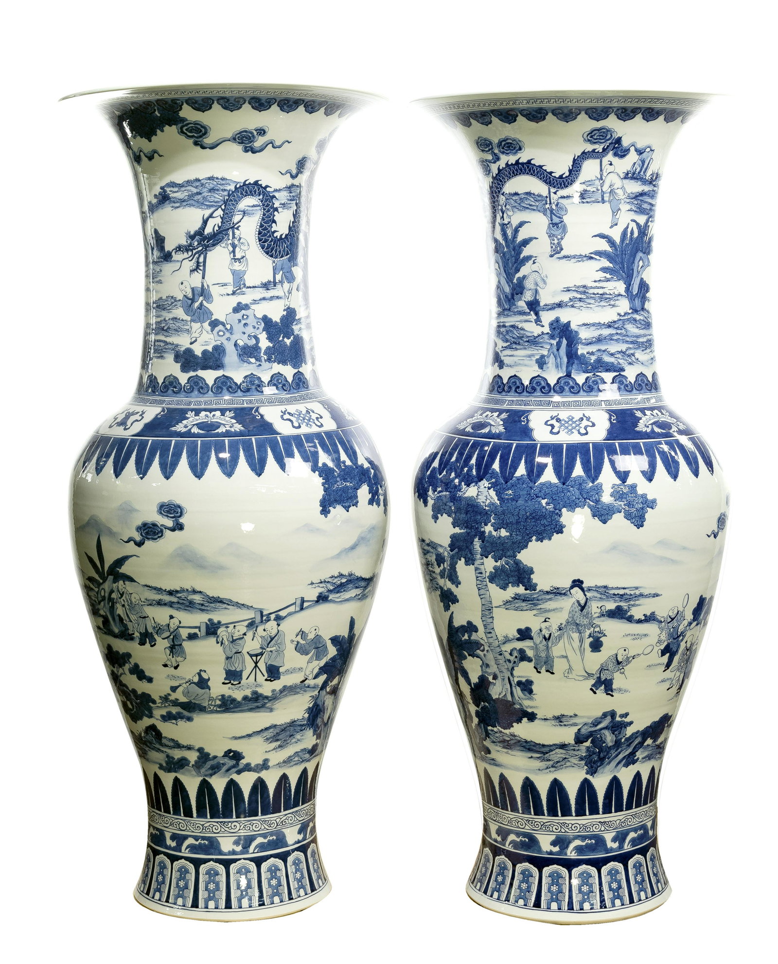Chinese Blue and White Palace Vases: Chinese Blue and White Palace Vases 20th century, each decorated with a pattern of boys playing interspersed with geometric borders and accents Height: 49 1/2 inches, Diameter: 20 inches (each) Condit