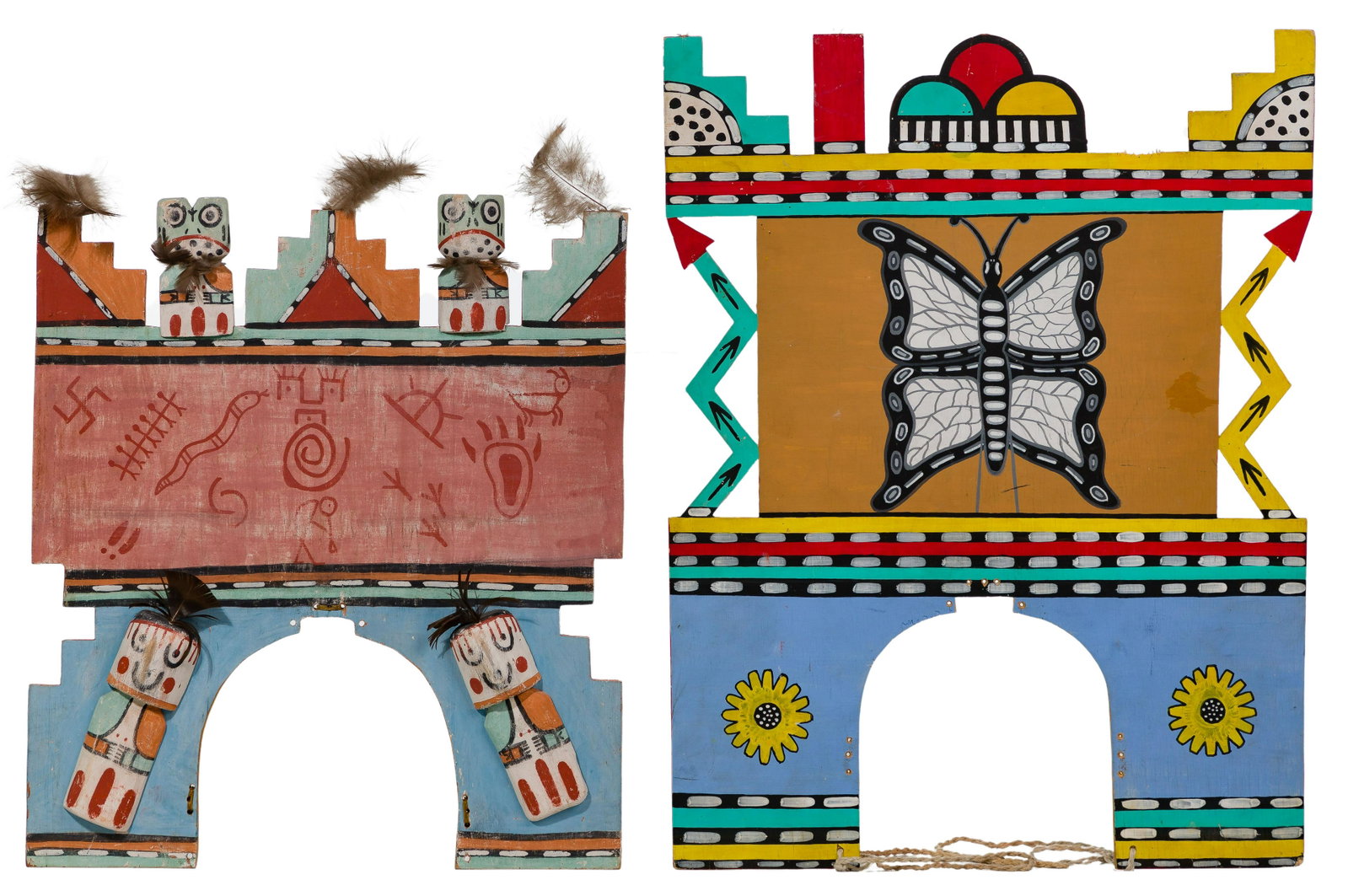 Native American Indian Hopi Tabletas: Native American Indian Hopi Tabletas (2) polychrome items with (1) brightly painted having butterfly, sun, flower and corn motif; and (1) painted having a Kachina and petroglyphs motif, decorated with