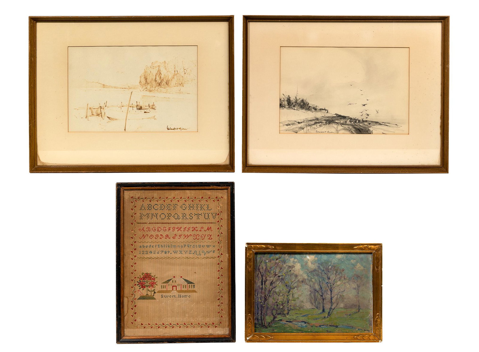 Gerhard C.F. Miller (American, 1903-2003) Drawings: Gerhard C.F. Miller (American, 1903-2003) Drawings Undated, (2) items uniformly matted behind glass in wood frames including signed lower left of center, depicting shorebirds alighting at water's edge