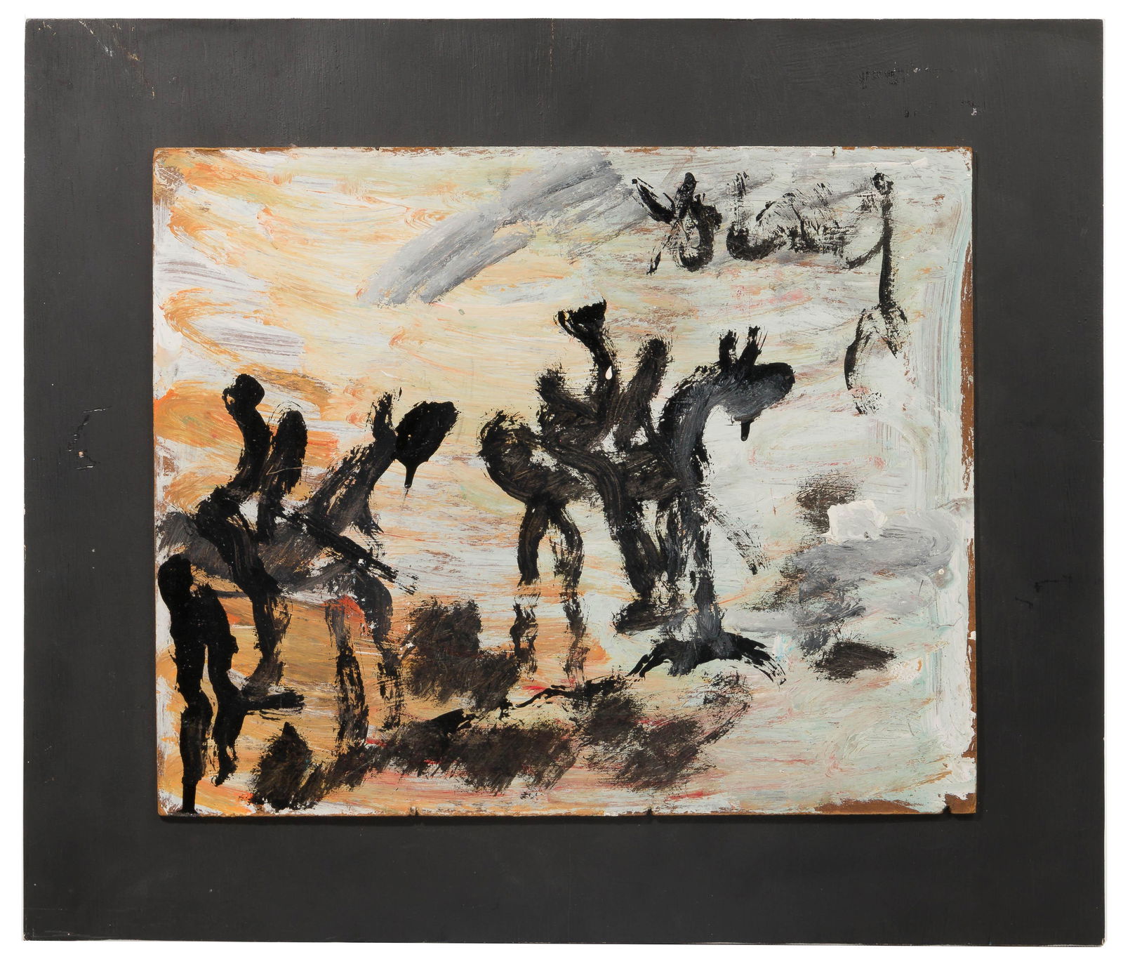 Purvis Young (American, 1943-2010) Oil on Masonite: Purvis Young (American, 1943-2010) Oil on Masonite Undated, signed upper right, depicting horses and riders; mounted to black painted board Height: 12 7/8 inches, Width: 15 3/4 inches (Masonite withou