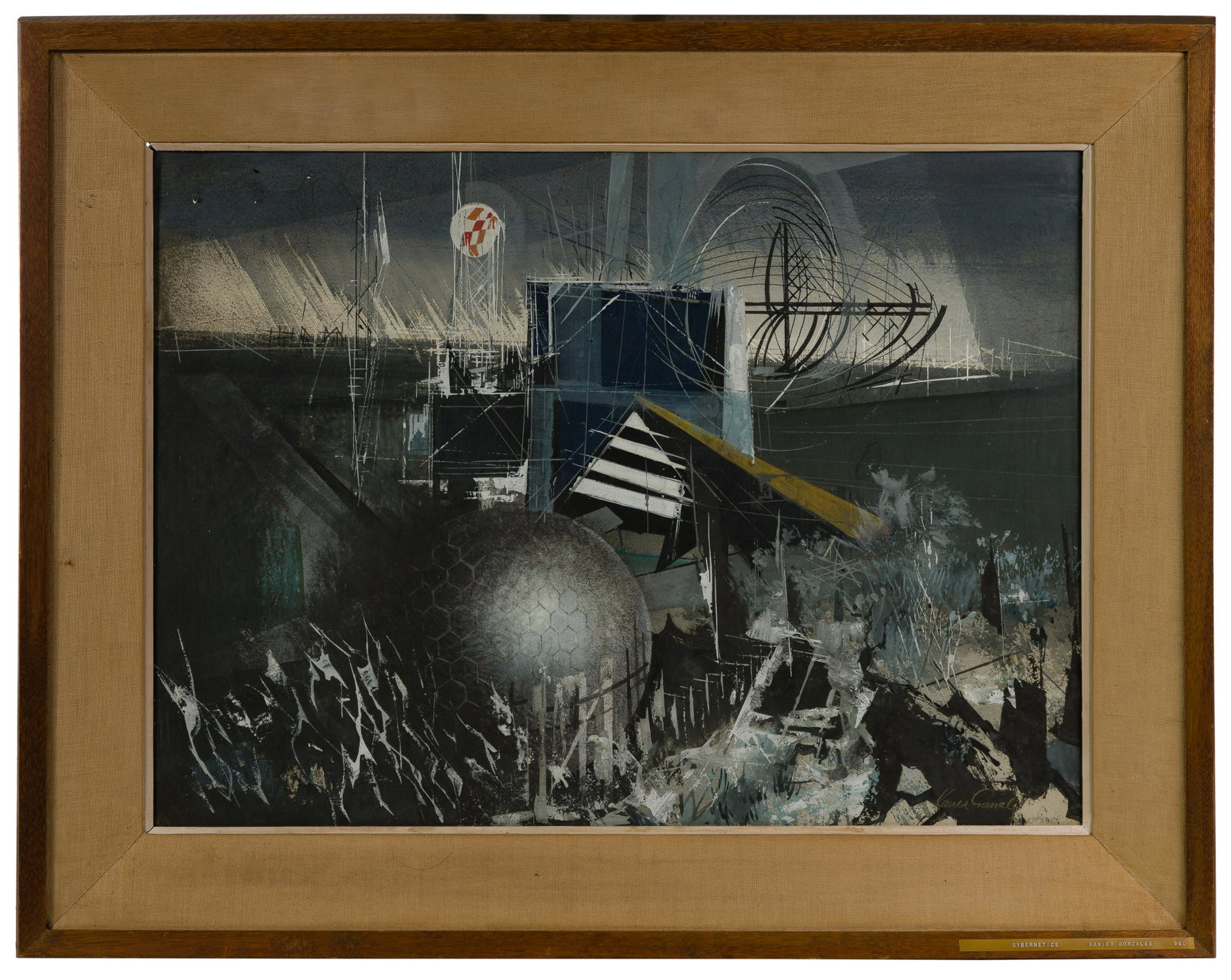 Xavier Gonzalez (Mexican / American, 1898-1993): Xavier Gonzalez (Mexican / American, 1898-1993) 'Cybernetics' Gouache on Paper Undated, signed lower right, a geometric abstract using muted tones of gray, gold, tan and white; under glass in a linen 