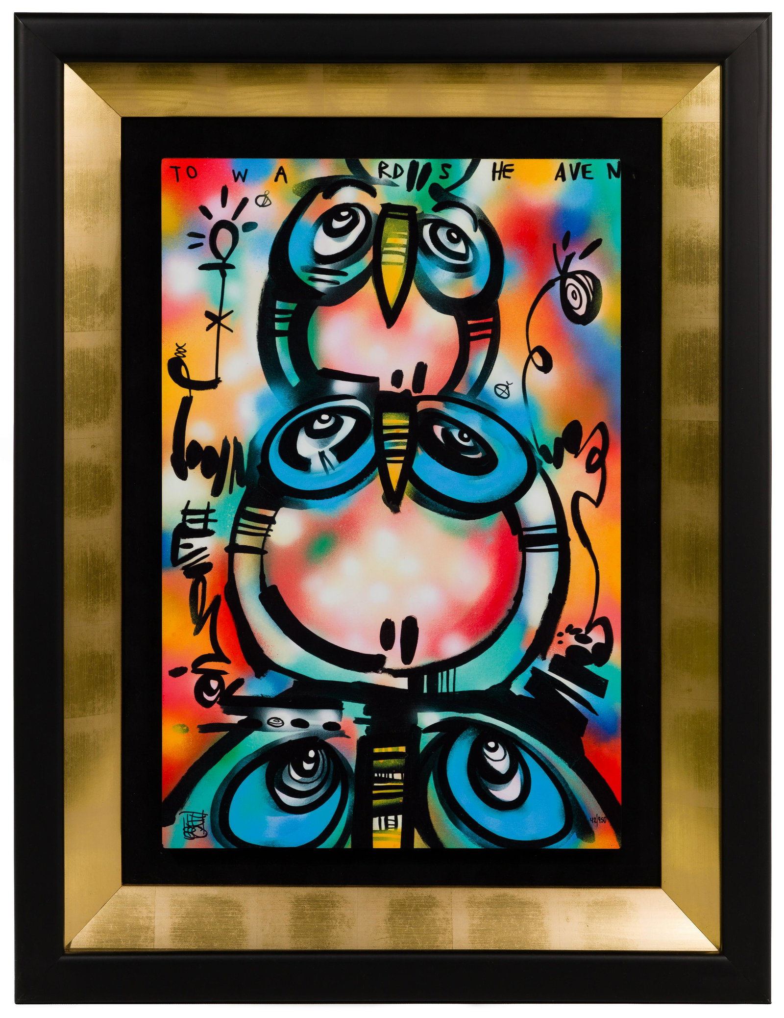 David Le Batard (American / Cuban b.1972) 'Towards: David Le Batard (American / Cuban b.1972) 'Towards Heaven' Dye Sublimation on Wood Undated, signed lower left, #42/950 lower right, depicting (3) abstracted owls stacked vertically, in a black and gol