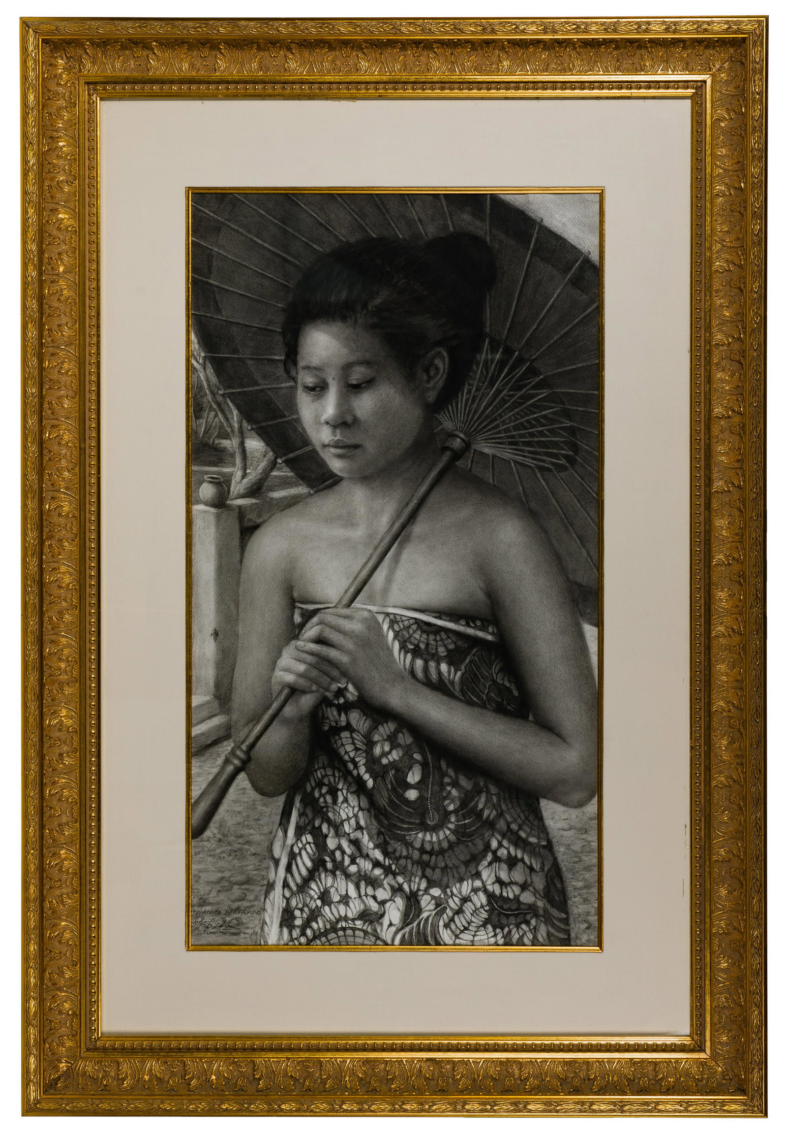 Niko Siswanto (Indonesian, b.1977) 'Wanita Berpayung': Niko Siswanto (Indonesian, b.1977) 'Wanita Berpayung' Charcoal on Paper 1998, signed and dated lower left quadrant; depicting a Balinese female figure in traditional garb holding a wooden parasol; beh