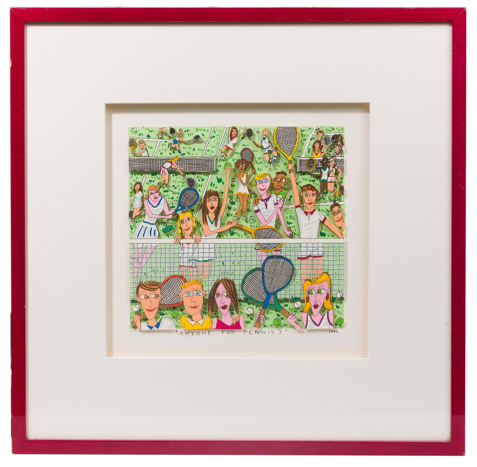 James Rizzi (American, 1950-2011) 'Anyone for Tennis?': James Rizzi (American, 1950-2011) 'Anyone for Tennis?' Paper Sculpture 1992, signed lower left, dated lower right, #180/350; depicting an array of tennis players; having matted, high-gloss wood frame