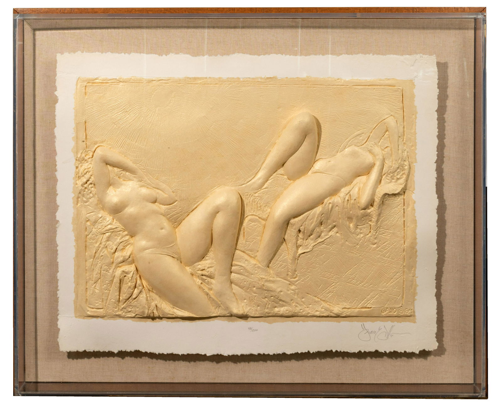 Frank Gallo (American, b.1933) Cast Paper Relief: Frank Gallo (American, b.1933) Cast Paper Relief 1989, signed lower right margin, #48/200 lower center margin, depicting two reclining female nudes in pearlescent pale yellow, mounted floating in an a