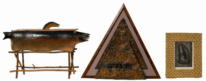 Robert McCauley (American, 1946-2021) Artwork: Robert McCauley (American, 1946-2021) Artwork Assortment (4) items including 1981, signed on underside, painted, carved wood box on twig stand having a lid and depicting fish with sharp teeth; 1991, i