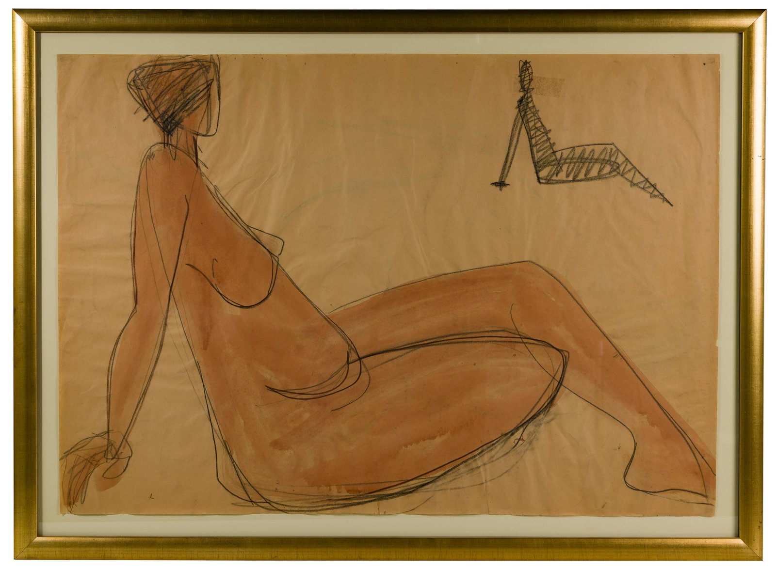 Graphite and Watercolor on Paper Nude Figure Study: Graphite and Watercolor on Paper Nude Figure Study Undated, unsigned depiction of a seated nude leaning back on one arm, having a rough sketch above; floated behind acrylic in a gold lacquered frame P