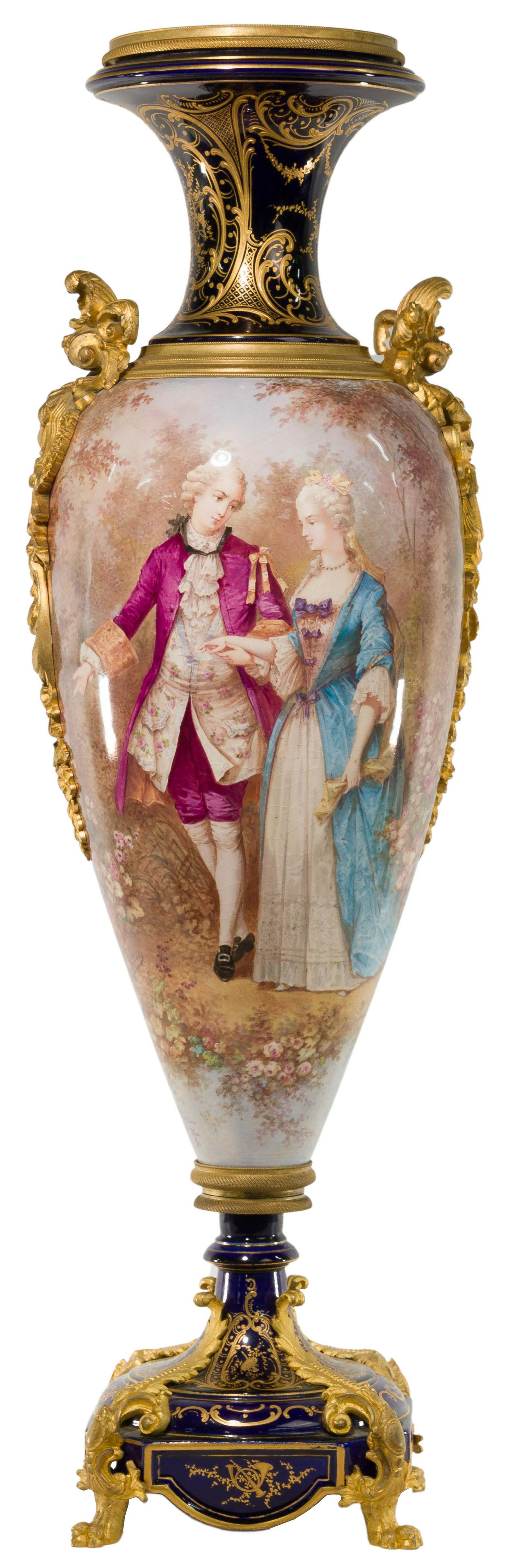 Sevres Style Porcelain and Ormolu Urn: Sevres Style Porcelain and Ormolu Urn Late 19th-early 20th century, hand painted having a cobalt blue ground, signed lower left 'Poitevin'; depicting an aristocratic young couple walking surrounded by