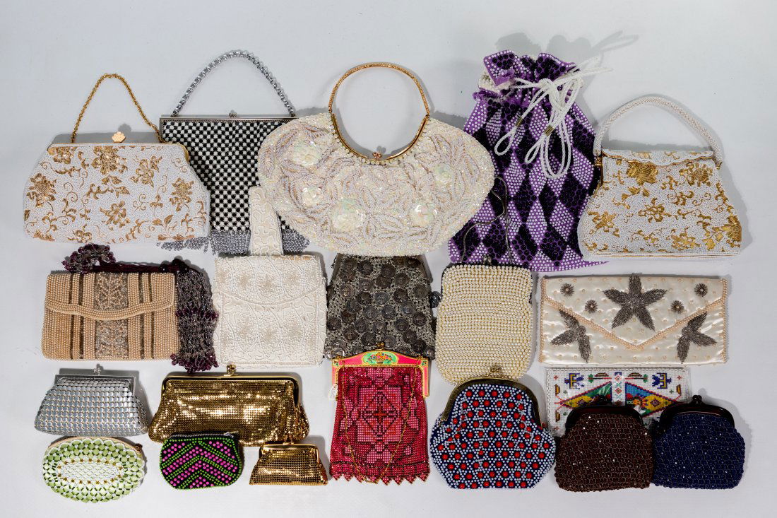 Mesh and Beaded Bag Assortment: Mesh and Beaded Bag Assortment (65) items including (14) handbags, (6) coin purses and a wallet; (3) marked 'Whiting & Davis', (4) drawstring bags having silk lining, (13) scarves including Gucci and