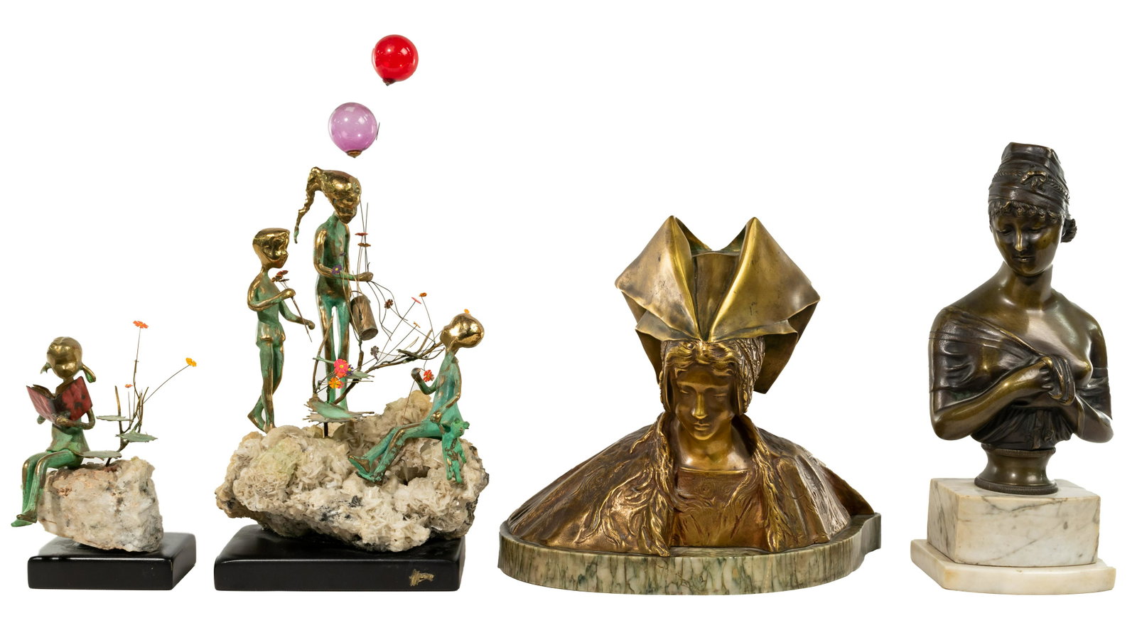 Bronze Sculpture Assortment: Bronze Sculpture Assortment (4) items including (after) Leo Laporte Blairsy (French, 1865-1923) depicting a female bust having an elaborate headdress mounted on a stone