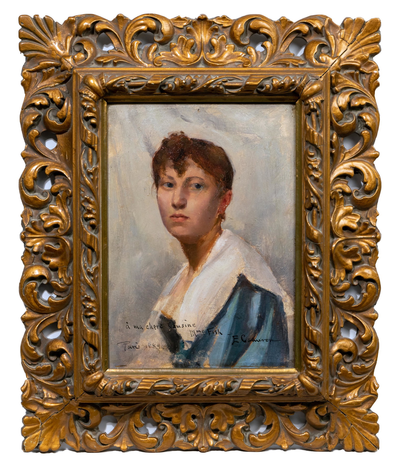 Edgar Spier Cameron (American, 1862-1944) 'Madame Fish': Edgar Spier Cameron (American, 1862-1944) 'Madame Fish' Oil on Panel 1889, signed lower right; a portrait of a woman; a gold lacquered wood and composition frame <
