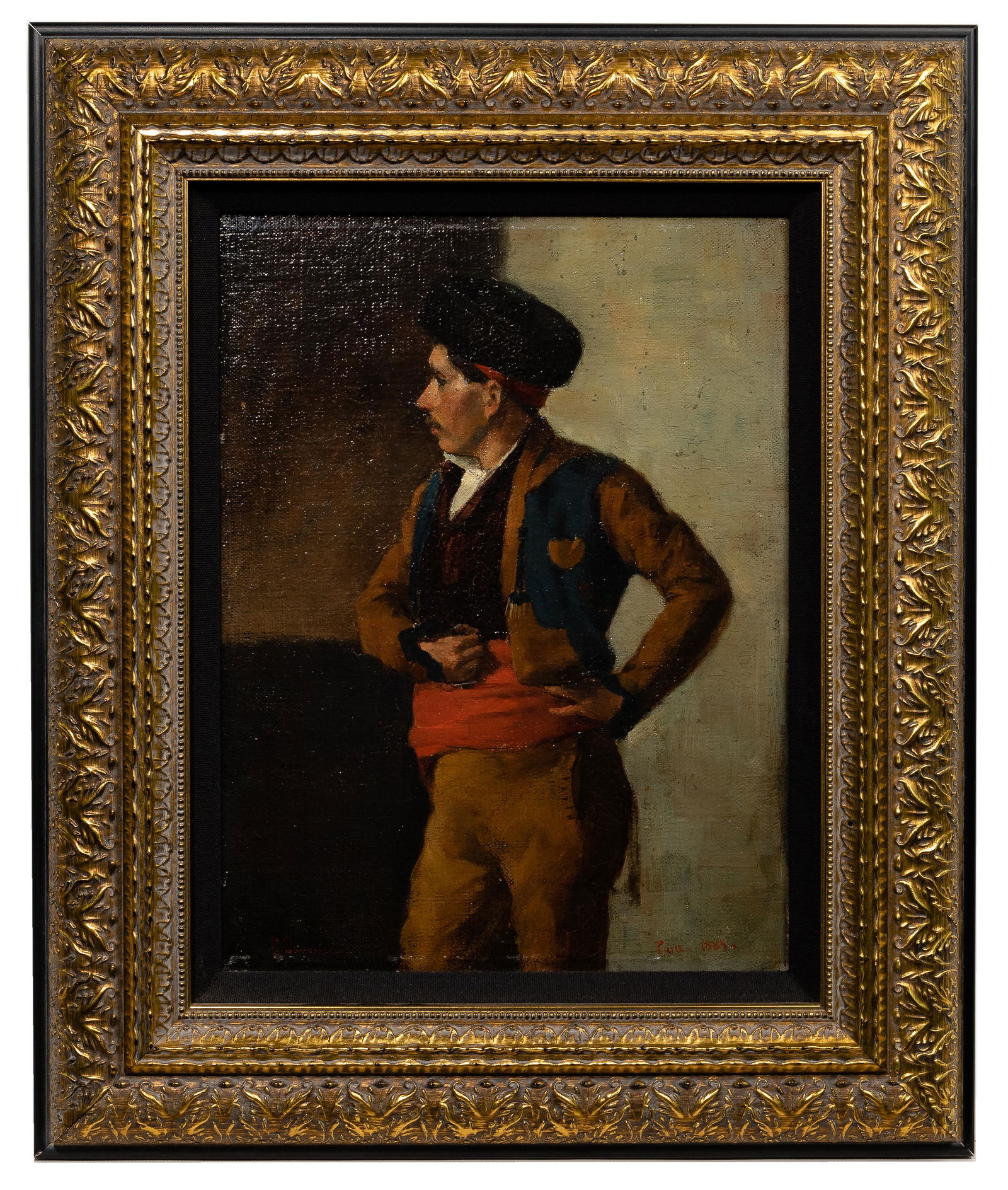Edgar Spier Cameron (American, 1862-1944) Oil on Canvas: Edgar Spier Cameron (American, 1862-1944) Oil on Canvas Board Paris 1889 lower right, signed lower left, depicting a man posed to the side dressed in ethnic clothing; i