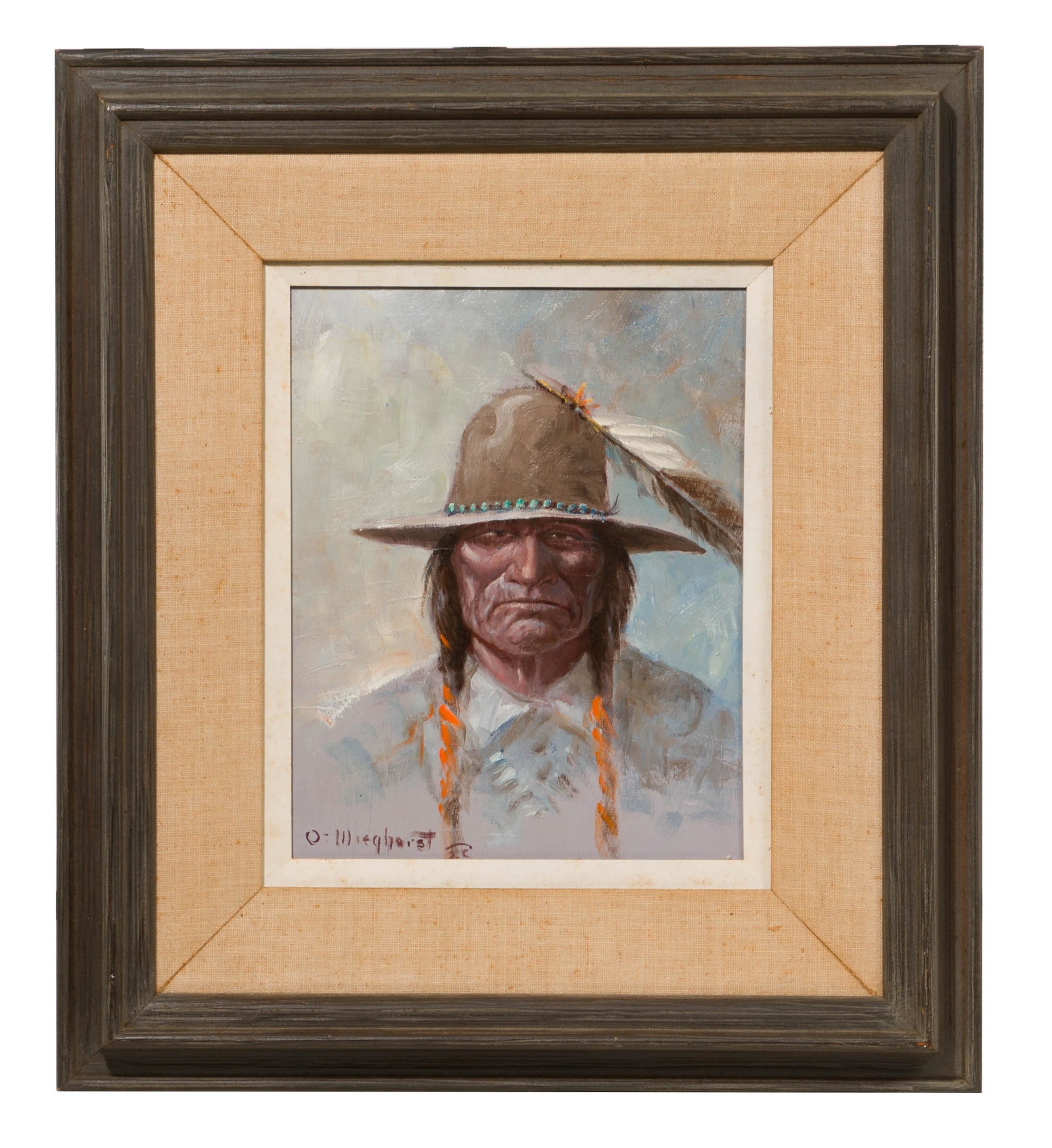 Olaf Weighorst (American, 1899-1988) 'Crow Indian' Oil: Olaf Weighorst (American, 1899-1988) 'Crow Indian' Oil on Board Copyright 1979, signed lower left, depicting the bust of a Native American Indian man, in a wood frame h