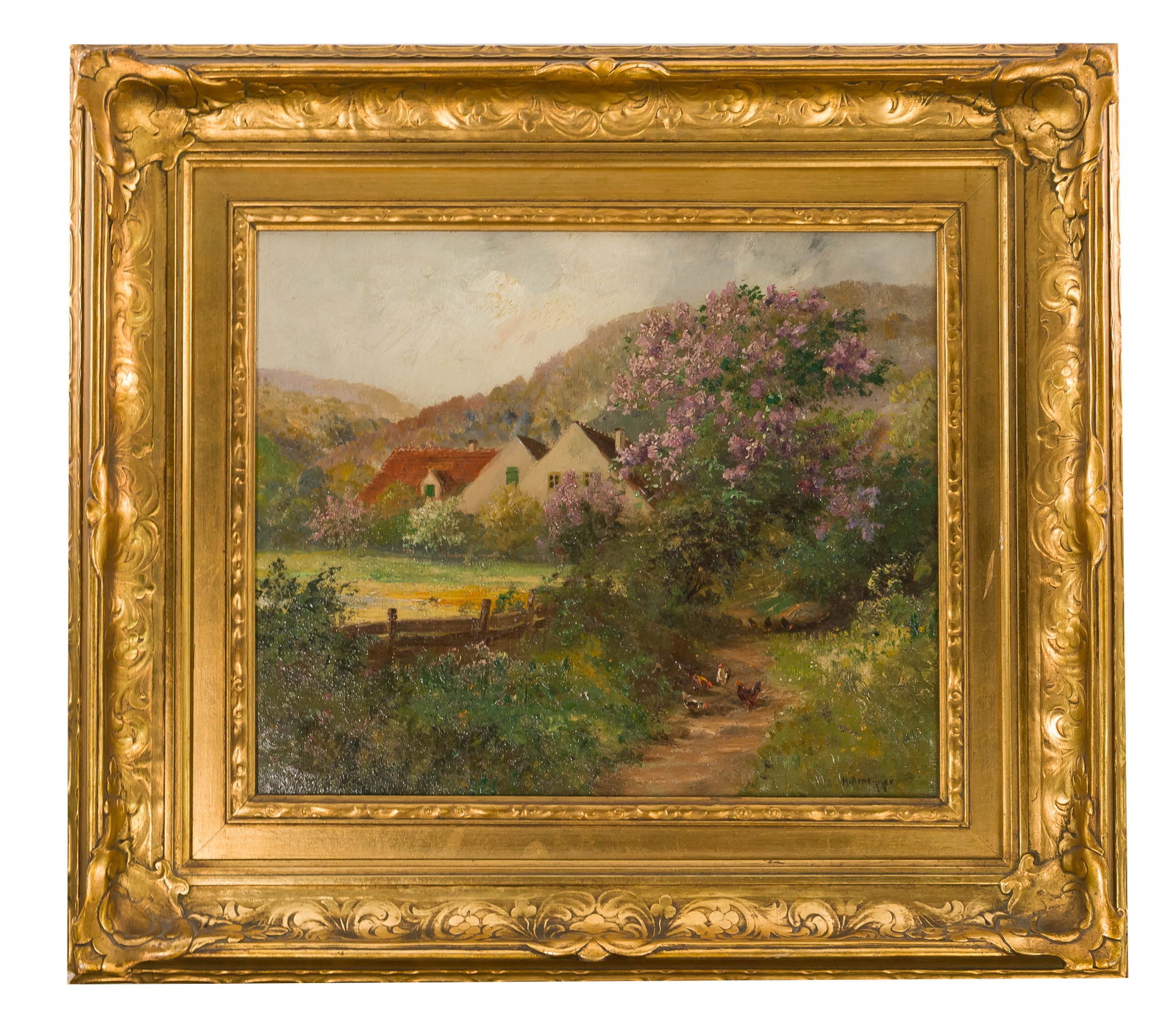 Alois Arnegger (Austrian, 1879-1963) Oil on Canvas: Alois Arnegger (Austrian, 1879-1963) Oil on Canvas Undated, signed lower right, depicting a farmhouse in the mountains, chickens on the road and lilacs blooming all aro