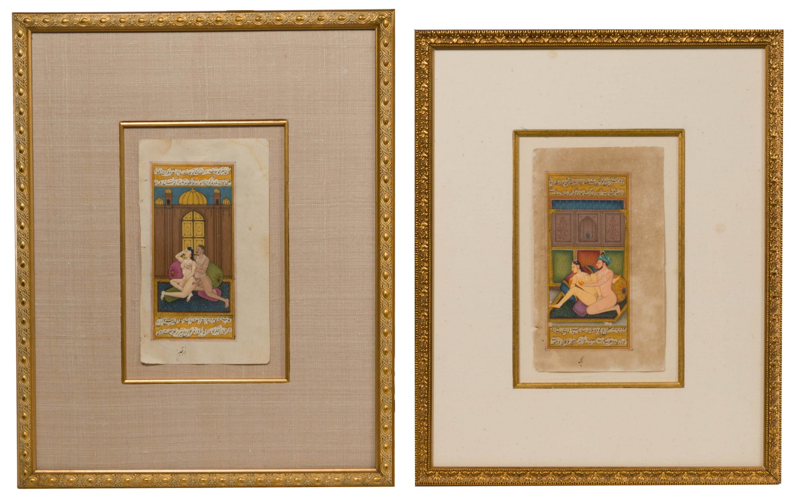 Indo-Persian Erotic Gouaches on Paper: Indo-Persian Erotic Gouaches on Paper 20th century, unsigned, (2) items depicting a male and female figure in erotic poses, mounted on and matted in linen under glass i
