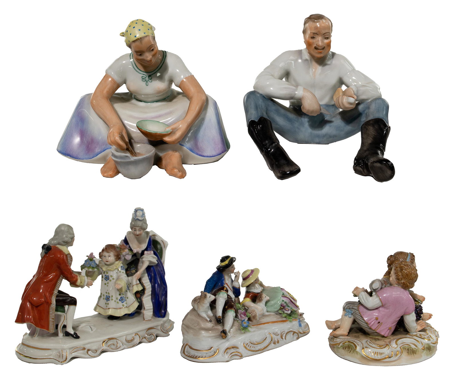 Meissen, Herend and German Porcelain Figurine: Meissen, Herend and German Porcelain Figurine Assortment (5) items including by Meissen a boy and girl sitting in an embrace, holding grapes; by Herend a woman sitting