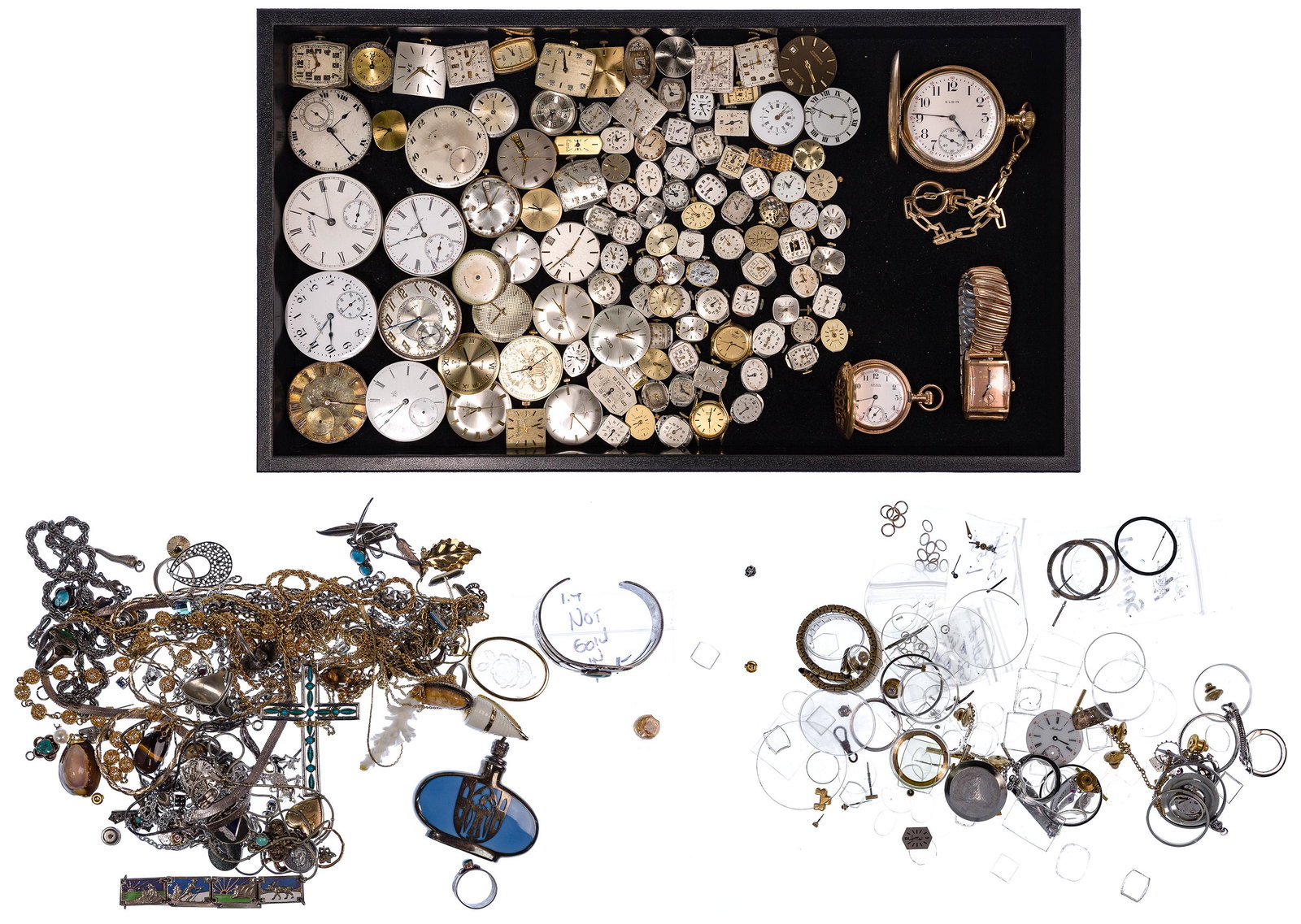 14k Gold Wristwatch, Watch Movement, Parts and Costume: 14k Gold Wristwatch, Watch Movement, Parts and Costume Jewelry Assortment Including a Bulova rose gold tank style wristwatch having a rectangular rose gold dial, black