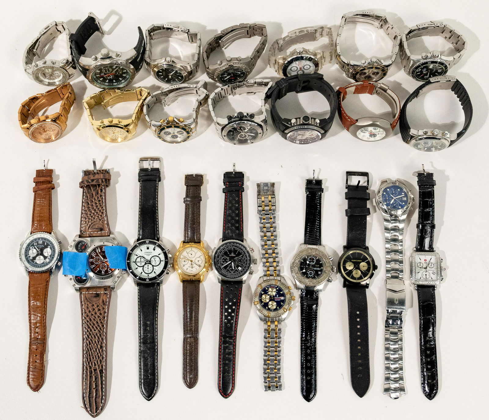 Chronograph Wristwatch Assortment: Chronograph Wristwatch Assortment (24) items including Bulova, Caravelle, TechnoSport, TechnoMarine, Rotary, Yema, Oulm and Akribos; having leather, rubber, plastic and