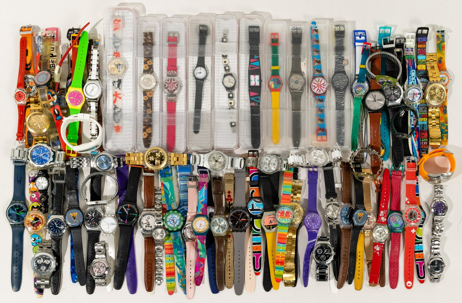 Swatch Wristwatch Assortment: Swatch Wristwatch Assortment Approximately (100) items including (10) in original boxes; having fabric, metal and plastic bands Property from: a Medford, Orego