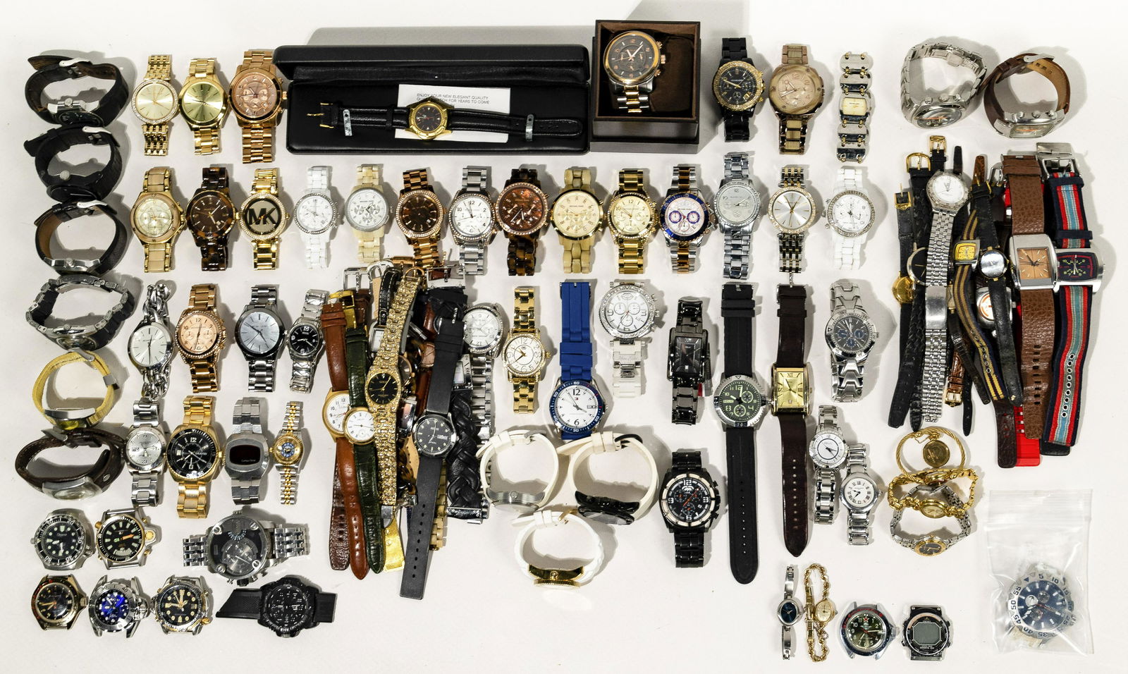 Wristwatch Assortment: Wristwatch Assortment Over (18) pounds of designer watches; including multiples by Gucci, Michael Kors and Diesel; other brands including Yves Saint Laurent, Burberry,