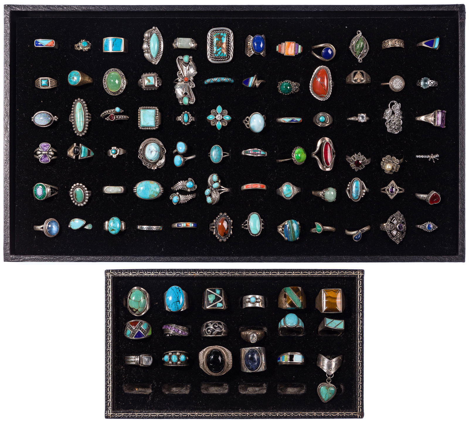Sterling Silver, Stone and Gemstone Ring Assortment: Sterling Silver, Stone and Gemstone Ring Assortment (90) rings including turquoise, coral and tiger eye; all marked '925' / 'sterling'; some signed or hallmarked Pandor