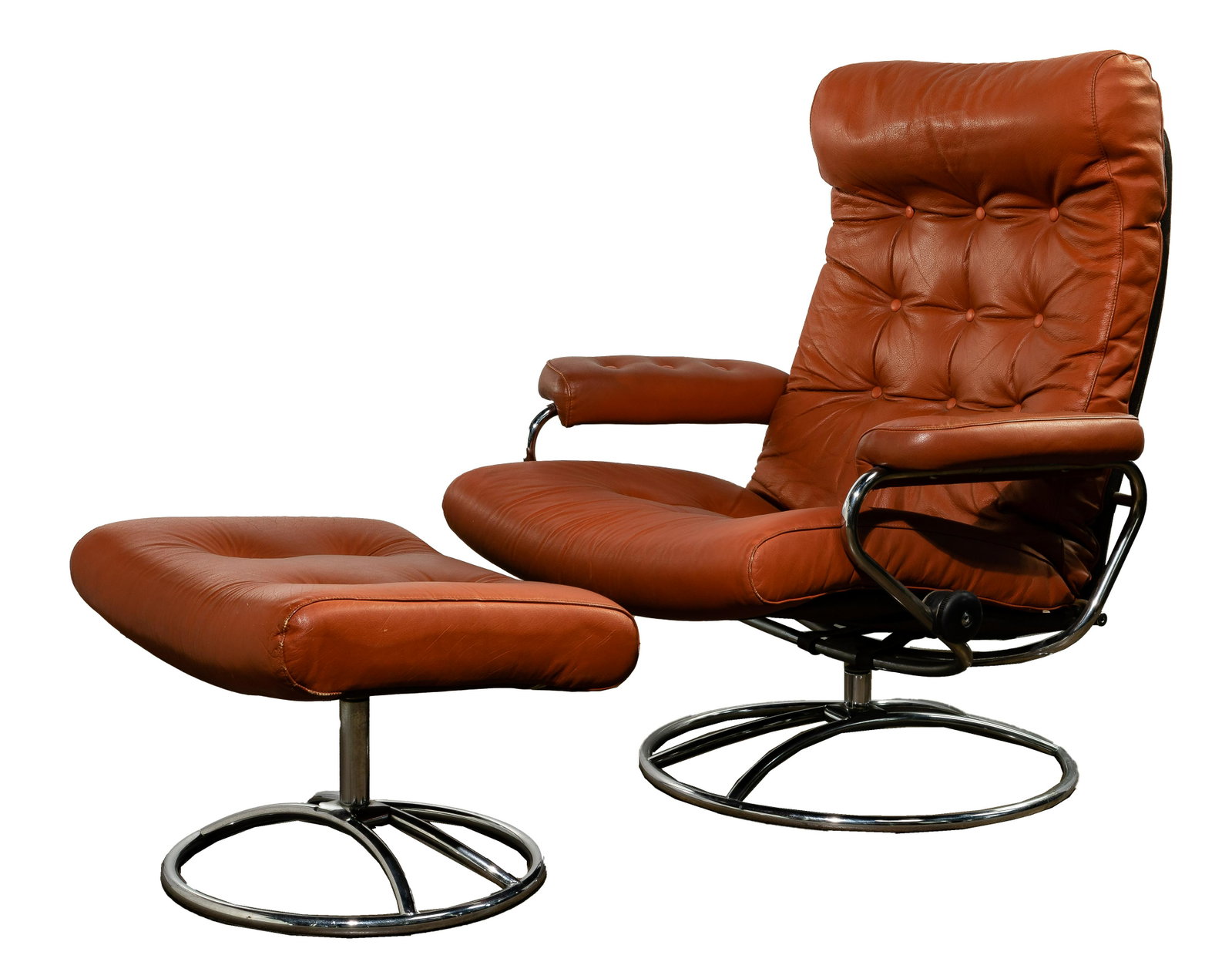 Leather Reclining Lounge Chair and Ottoman: Leather Reclining Lounge Chair and Ottoman MCM Scandinavian style tufted terracotta leather having tubular chrome ring swivel bases Property from: a Chicago, I