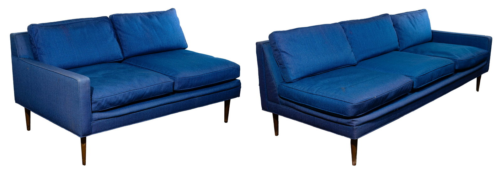 MCM John M. Smyth Sectional Sofa: MCM John M. Smyth Sectional Sofa 2-piece sofa having blue upholstery including a 2-seat section and a 3-seat section; tapered legs; can be used together or as separate