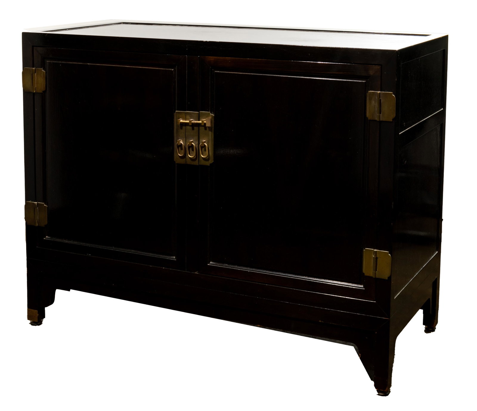Asian Style Sideboard / Dresser: Asian Style Sideboard / Dresser Having a framed top, (4) brass outside hinges and (3) brass oval loop door pulls and brass leg tip covers; (2) doors opening to reveal (