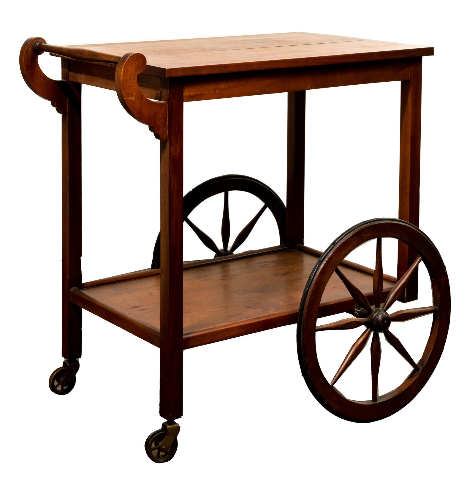Mahogany Bar Cart: Mahogany Bar Cart Having upper and lower shelves, wheels in front with casters and handle in back Property from: a Chicago, Illinois estate Height: 29