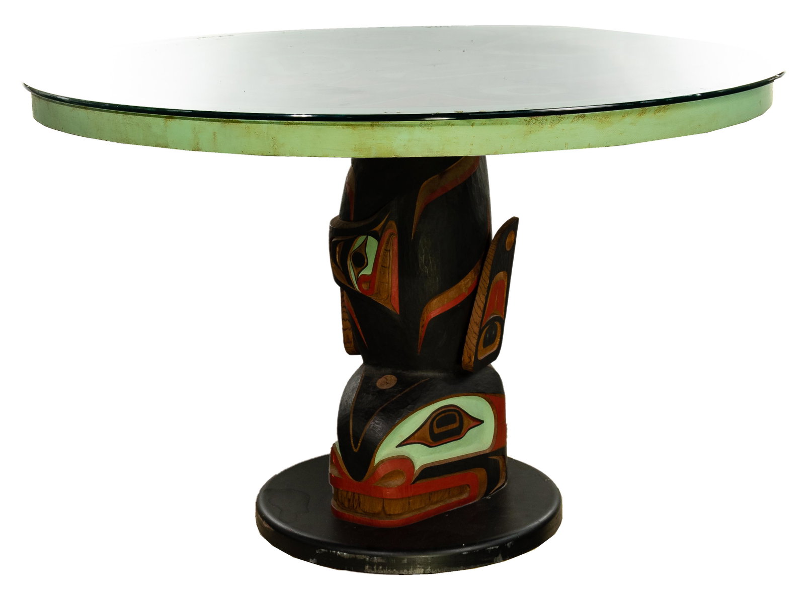 Totem Pole Style Carved Wood Table: Totem Pole Style Carved Wood Table Having a carved and painted top and post depicting animals in the North West Coast First Nations Peoples style, including (4) areas o