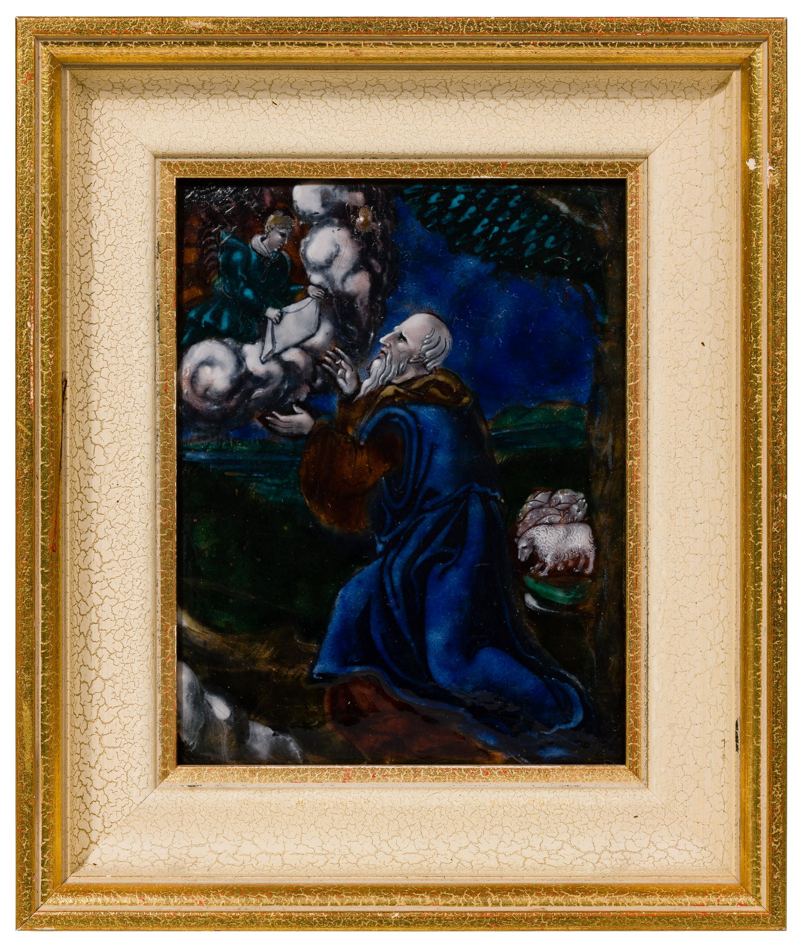 Limoges 'Angel Appearing to Joachim' Painted Enamel: Limoges 'Angel Appearing to Joachim' Painted Enamel Plaque Rectangular plaque depicting a kneeling Joachim; in a later frame Provenance: Collection of Lucy and