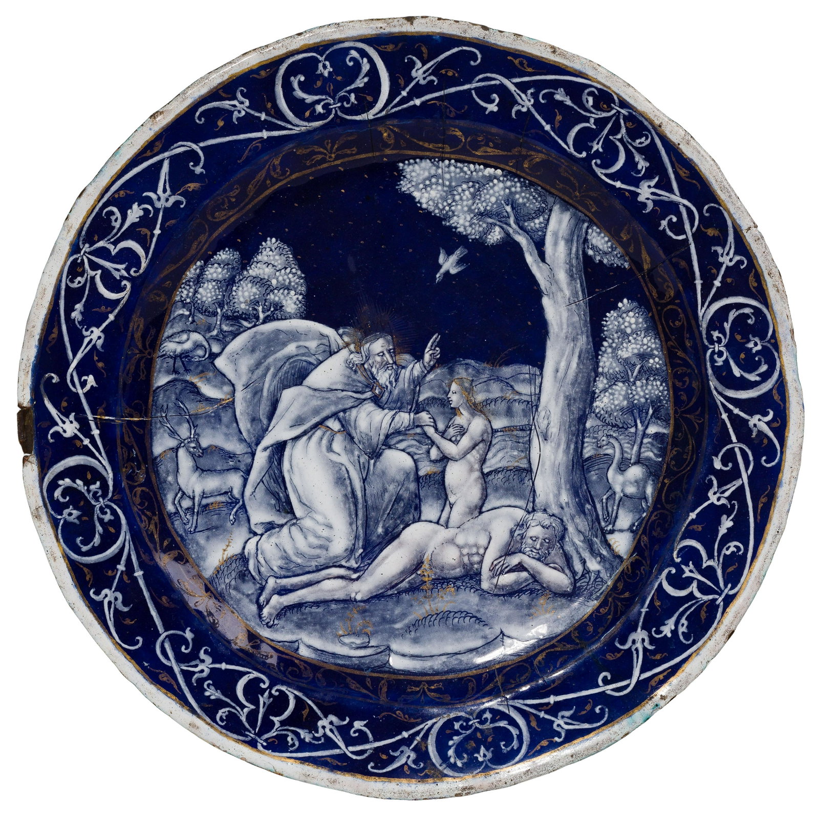 Limoges Enamel Hand Painted Plate: Limoges Enamel Hand Painted Plate Polychrome over copper plate, depicting God blessing Eve while Adam is asleep, reverse depicting a bust of a king Provenance: