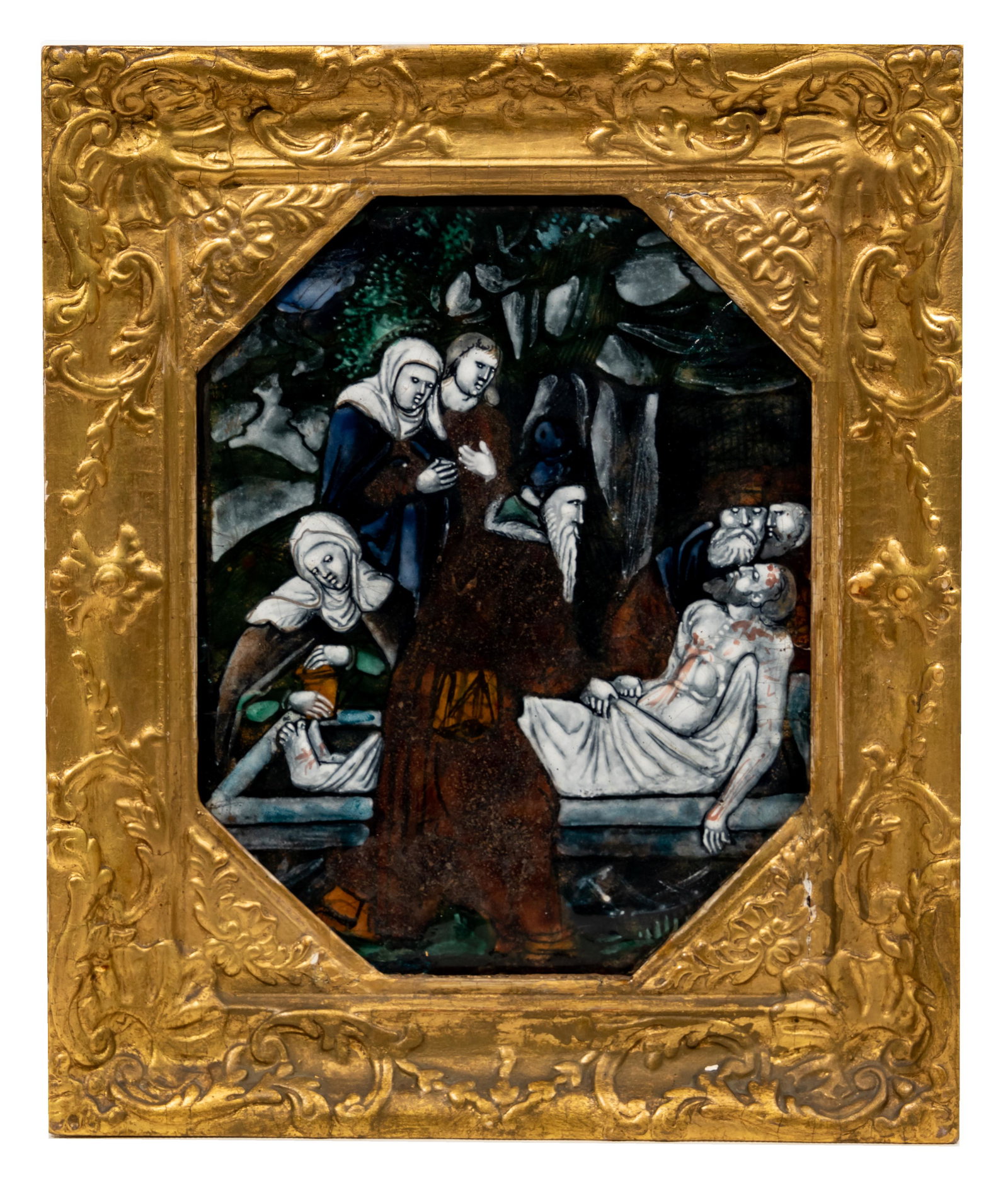 Limoges 'Entombment of Christ' Enamel Painted Plaque: Limoges 'Entombment of Christ' Enamel Painted Plaque Polychrome painted octagonal panel, depicting the entombment of Christ, in a later giltwood frame Provenan
