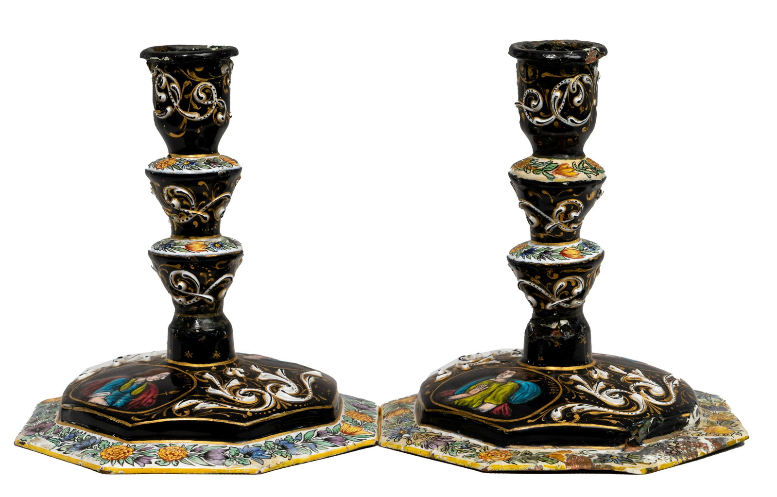 Limoges Renaissance-Style Hand Painted Enamel: Limoges Renaissance-Style Hand Painted Enamel Candlesticks Both having an octagonal base with oval cartouches of Cephise and Adonis; both initial signed 'JP' to the und