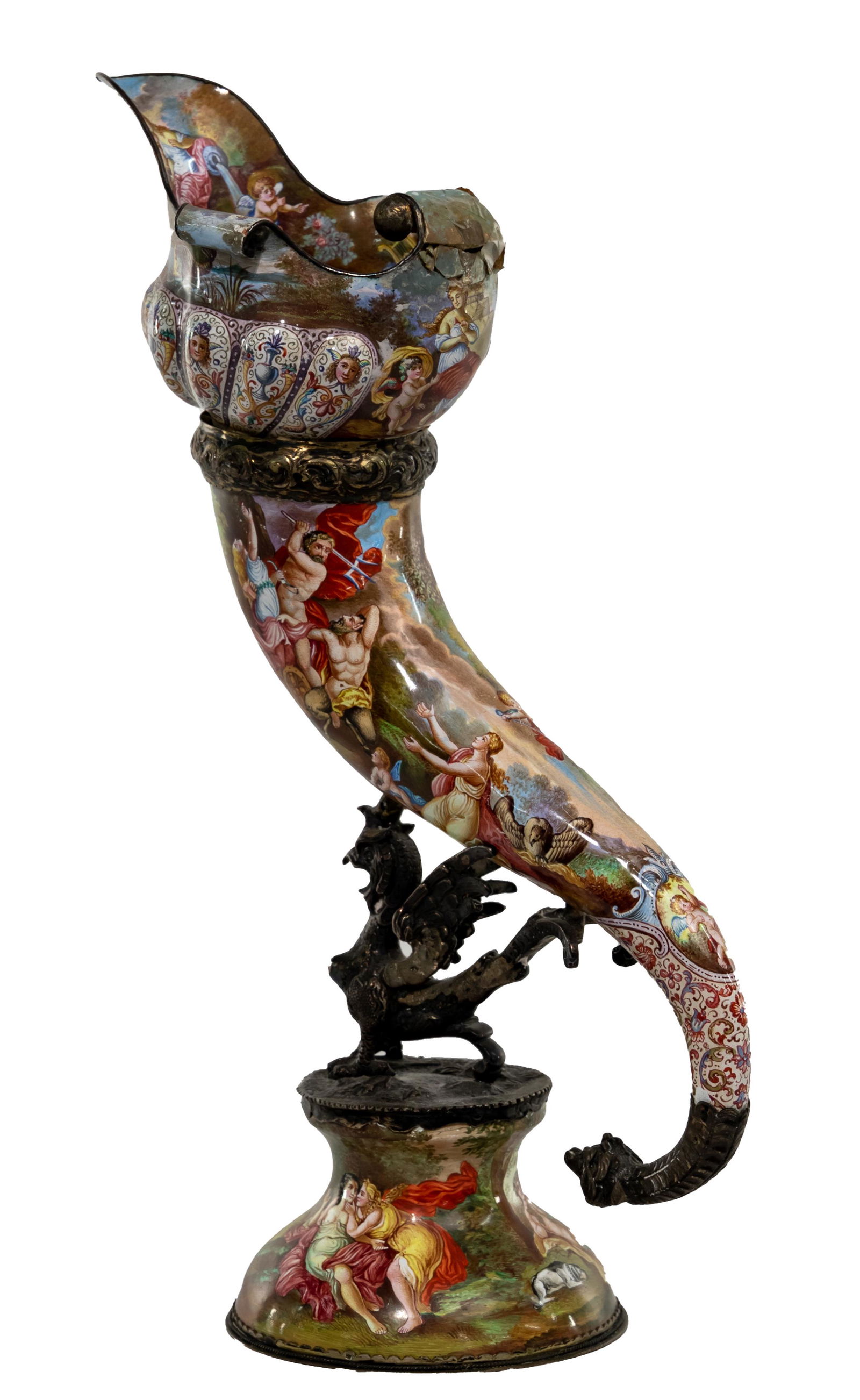 Viennese Silver and Enamel Horn Form Libation Cup: Viennese Silver and Enamel Horn Form Libation Cup Polychrome enamel, decorated overall with mythological and allegorical scenes; silver rim on base is marked 'R.L.' and